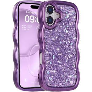 FABSPARK Case for iPhone 16 Plus,Crystal Diamond Rhinestone Shiny Bling Sparkly Glitter,Glossy Luxury Electroplated Curly Wavy Frame Wave Case,Aesthetic Cute for iPhone 16 Plus,Purple