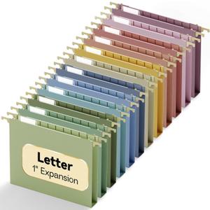 Plastic 1" Expanding Hanging File Folders Letter Size,12 Pack Reinforced Heavy Duty Hang Folder with Tabs,Pastel Hanging File Organizer for File Box,Filing Cabinet Folder for School Office Home