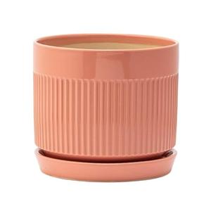 Napco Imports Indoor Outdoor Plant Succulent Herb Flower Pot with Saucer 6 Inch Ceramic Orange Ribbed