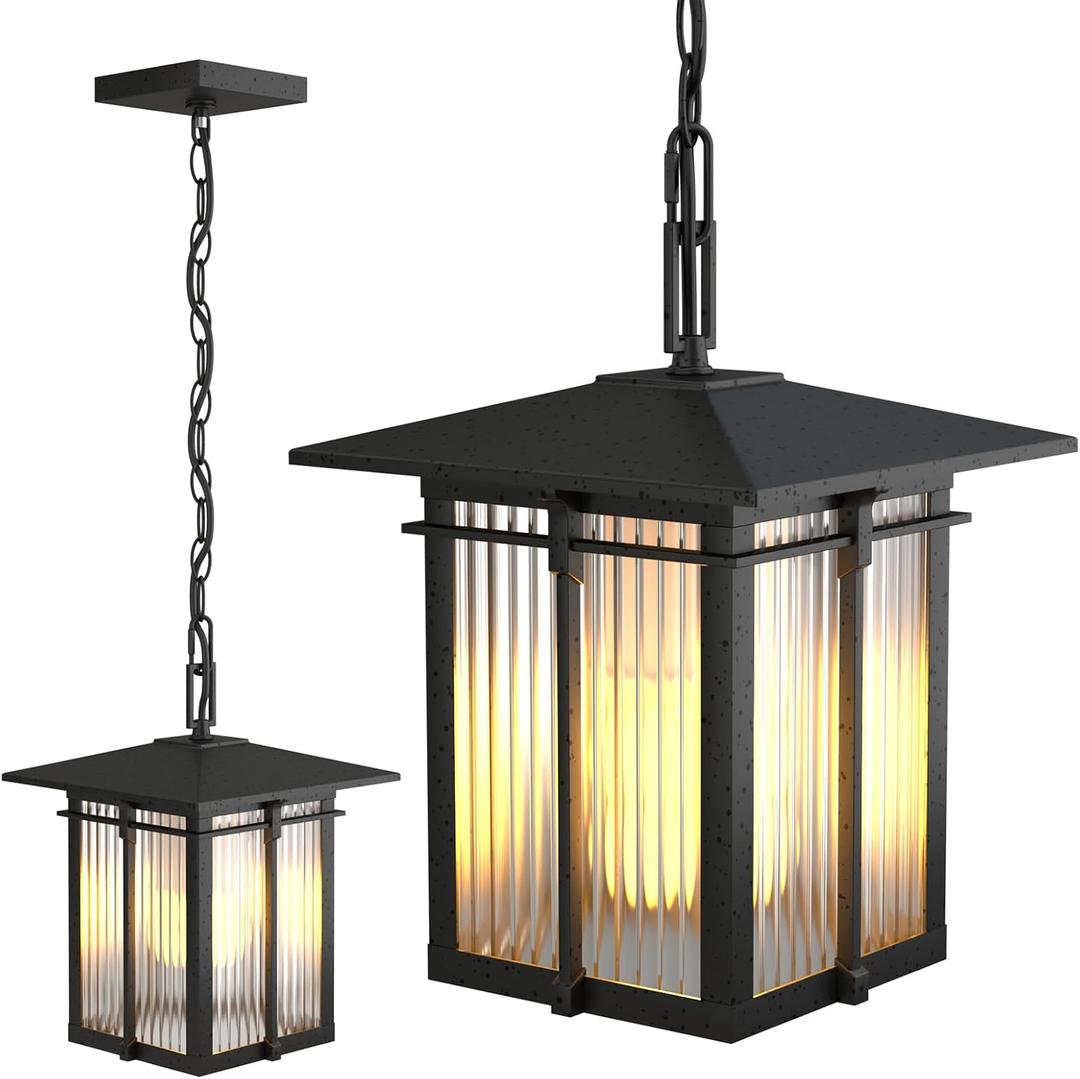 Outdoor Pendant Light Fixture, Soptted Black Aluminum Hanging Porch Lights Outdoor with Ribbed Glass, Exterior Pendant Lights with Adjustable Chain for Patio Corridor (Max 41''H, 1 pc)
