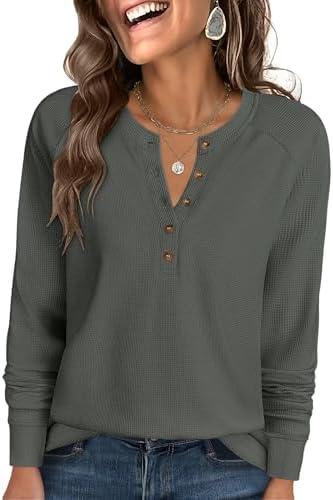 ANRABESS Women's Long Sleeve Waffle Knit Shirts Dressy Casual Loose Button Up V Neck Henley Tops 2025 Fall Basic Tee Blouse, Small