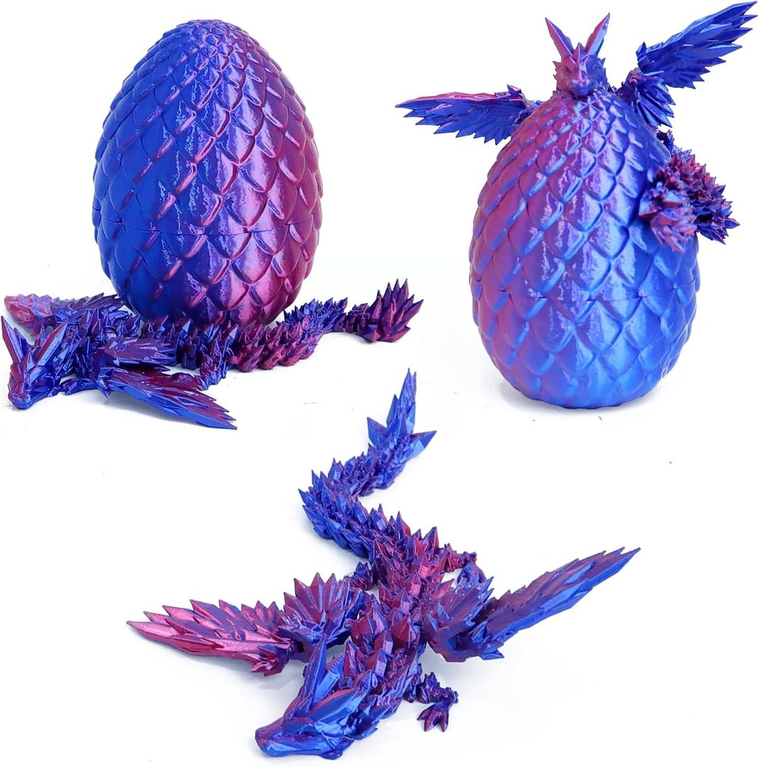3D Printed Flying Dragon in Egg - Easter Egg with 9" Flexible Winged Dragon Inside, Colorful Fidget Toy, Birthday Gift, Desk Pet Figure (Red Blue)