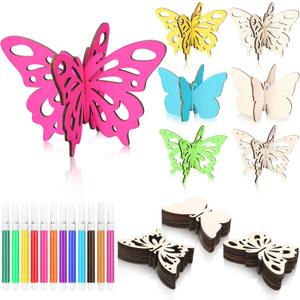 Blosssound 48 Pcs Spring Crafts Set 36 Wood Butterfly for Crafts 3D Butterfly Cutouts with 12 Colored Pens Wooden Unfinished Slices for Painting Summer Tiered Tray Tabletop Decor DIY Handmade