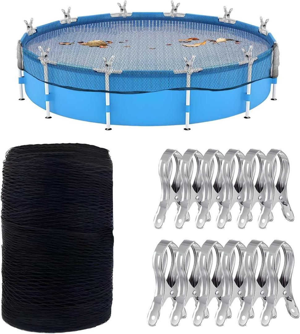 18ft Durable Round Pool Covers for Above Ground Pool, Pool Leaf Net Cover with 12 Large Metal Clips, Ideal Leaf Net for 18FT Round Pools (Black)