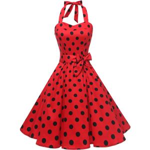 Topdress Women'sVintage Polka Audrey Dress 1950s Halter Retro Cocktail Dress (Small, 01red/Black Dot)