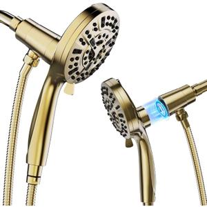 High Pressure 10 Ways Handheld Shower Head Brushed Gold- Anti-clog Nozzles, Built-in Power Wash to Clean Tub, Wall & Overhead Brackets, Magnetic Rainfall Shower Wand, Built-in 2 Power Jet