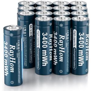 16 Pack AA Lithium Rechargeable Batteries, 3400mWh High Capacity, 1.5V Constant Output, 1600+ Cycles