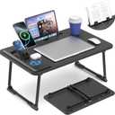 Lap Desk Bed Table with Wireless Charger - Foldable Large Laptop Tray with Tablet Slot and Book Shelf, No Assembly Table for Couch Chair Floor for Sturdy, Writing, Studying Eating, and WFH