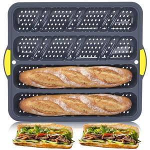 LemonRoad 4 Loaf Silicone Baguette Pan with Reinforced Steel Frame Extra-wide Nonstick French Bread Mold Perforated Baking Tray for Baking Fridge Dishwasher Microwave Safe
