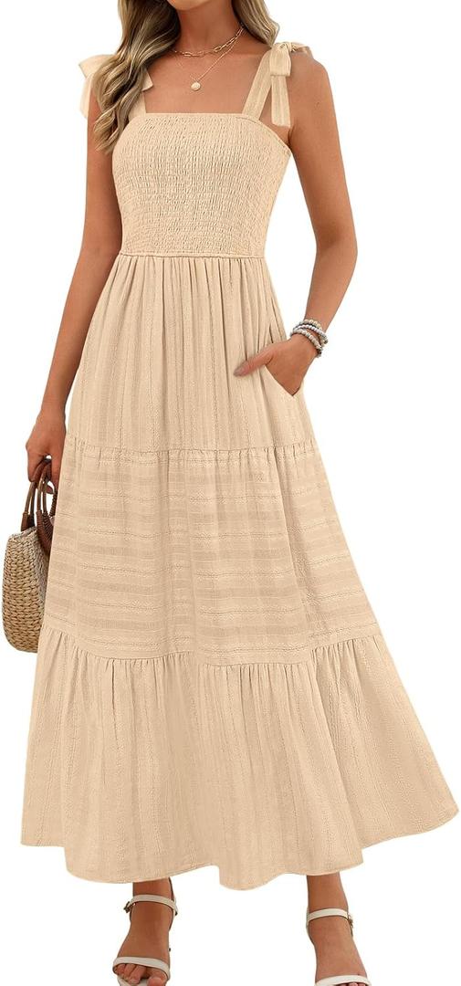 MEROKEETY Women's Summer Boho Maxi Dress Beach Vacation Casual Smocked A Line Sundress with Pockets, L