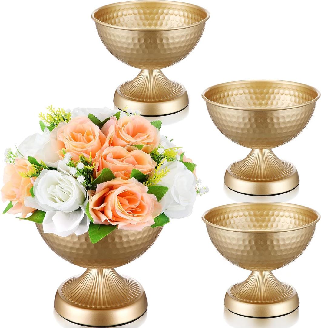 4 Pcs Gold Urn Vases for Centerpieces 6 Inch Hammered Compote Bowl Vases Set for Wedding Vintage Metal Vase Table Decoration with Anti-Slip Mat for Christmas Anniversary Party