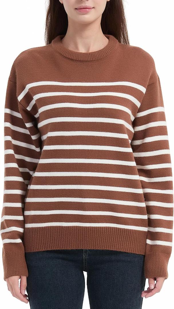 Tronjori Womens Striped Jacquard Crewneck Sweaters Pullover Casual Fall Winter Long Sleeve Knit Tops (S)