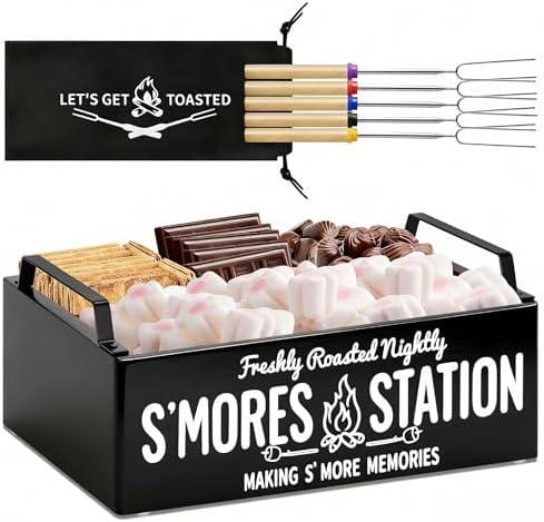 Farmhouse Smores Station, Wooden Smores Caddy with Handles, S'Mores Bar Holder with 5Pcs Extendable Smores Sticks, Smores Maker Box for Smores Kit, Outdoor Fire Pit Camping Essentials Cooking (Black)