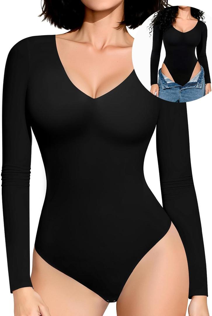Upushall Long Sleeve Bodysuits for Women Sexy Thong V Neck Body Suits Double Lined Bodysuit, Black S (Black, S)
