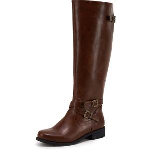 Ermonn Womens Knee High Boots Wide Calf Flat Low Heel Side Zipper Faux Leather Fashion Winter Riding Boot (7.5, Brown)