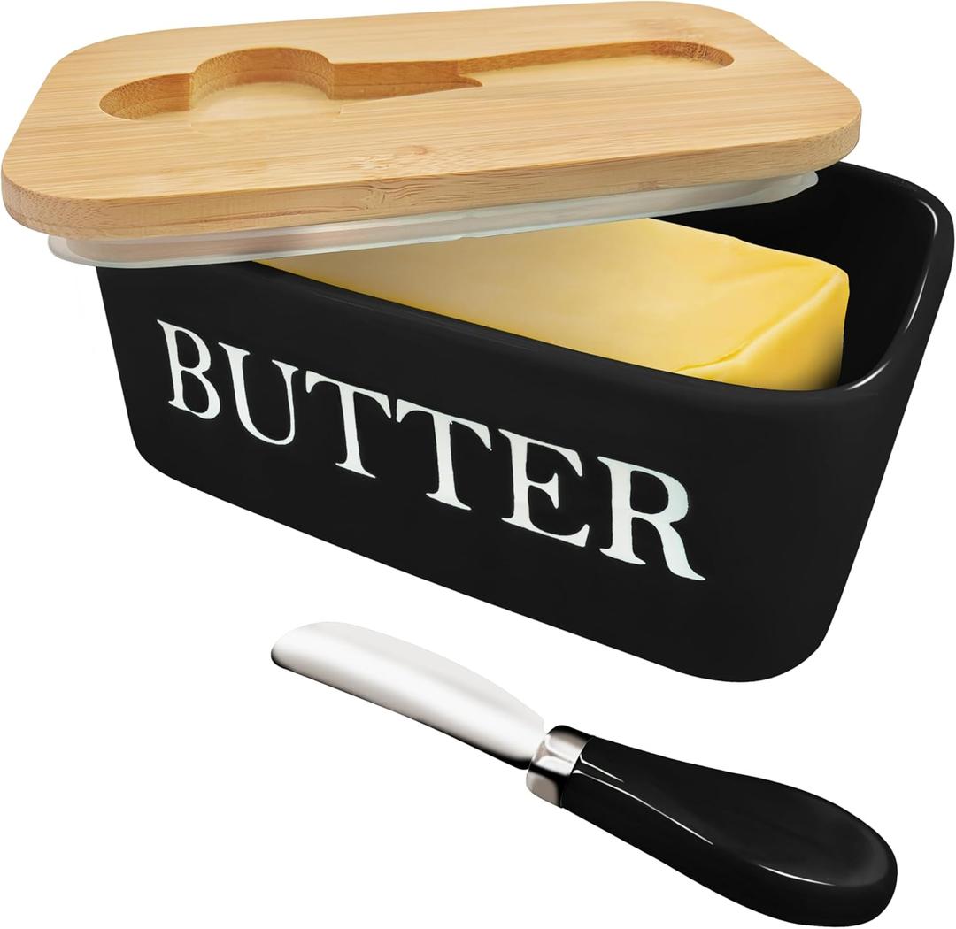 Butter Dish with Lid and Knife Spreader for Countertop and Refrigerator, Keep Butter Fresh, Easy Scoop, Dishwasher Safe, Butter Keeper Tray for West/ East Coast Butter (Black)