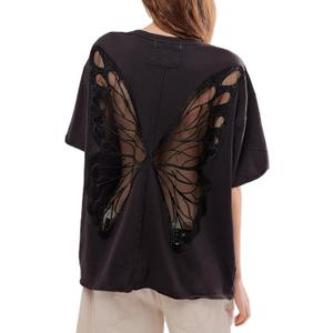 Women Butterfly Lace Short Sleeve Top Y2k Oversized Cut Out Solid Crew Neck T Shirts Summer Embroidered Tee (Small, Balck)