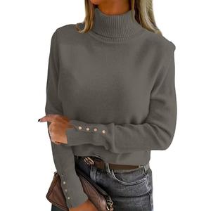 ANRABESS Turtleneck Sweaters for Women Long Sleeve Dressy Casual Soft Knitted Button Pullover Tops 2025 Fall Winter Clothes Grey Khaki, Small