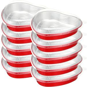 10 Pcs Valentine's Day 22.6 Oz Large Foil Heart Shaped Cake Pans Oven Safe Disposable Red Aluminum Foil Pans with Lids for Kitchen Valentine Day Birthday Wedding Party Cakes Baking Supply