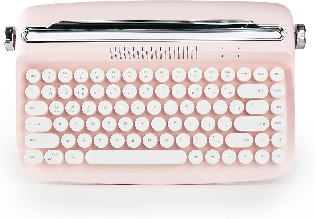 YUNZII ACTTO B303 Wireless Typewriter Keyboard, Bluetooth Connection, Cute Retro Aesthetic Design with Integrated Stand for Tablet, Phone, PC and Win/Mac/Android(B303, Baby Pink)