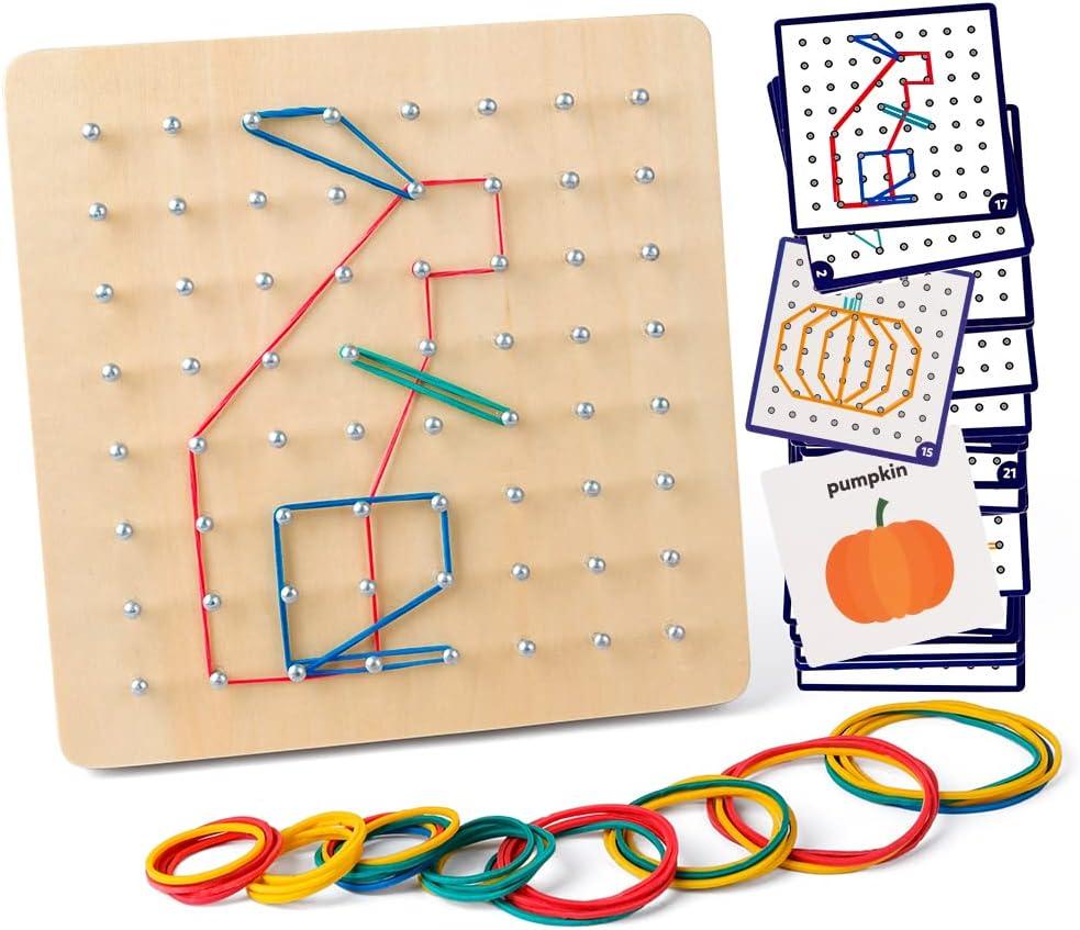 Coogam Wooden Geoboard Mathematical Manipulative Material Array Block Geo Board  Graphical Educational Toys with 30Pcs Pattern Cards and Latex Bands Shape STEM Puzzle Matrix 8x8 Brain Teaser for Kid