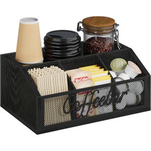 YINMIT Coffee Station Organizer for Countertop, Wood Coffee Bar Organizer with Removable Dividers for Pods, Syrup, Cups, Stirrer, Tea - Office Bar Accessories, Iron Mesh-Black (1 Tier)