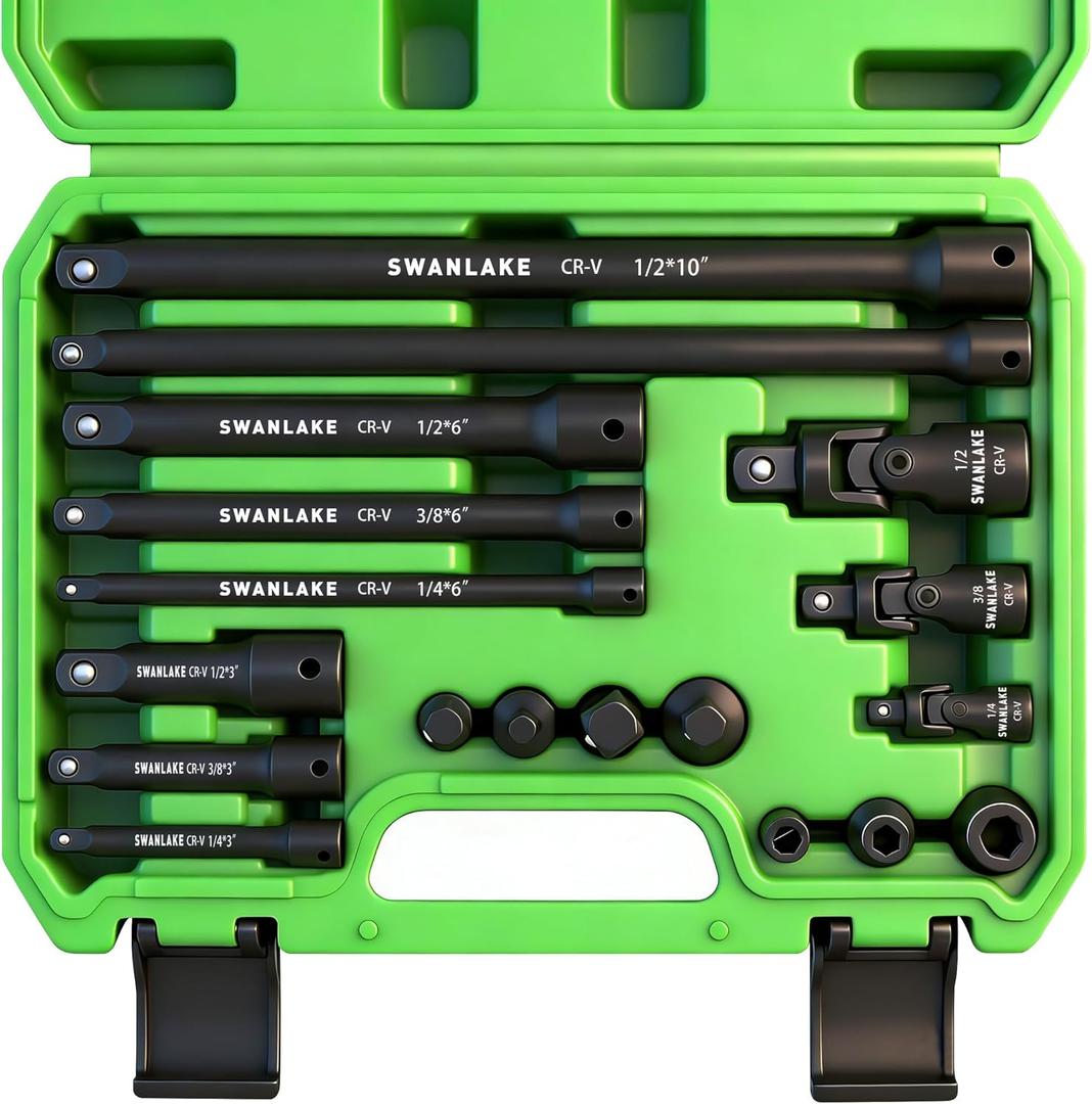18-piece Impact Socket Extension Set Tools, Swivel Universal Joint, Deep 1/4", 3/8", 1/2" Drive Socket Adapter, Extension Bar, 3 Ratchet Coupler, CR-V Steel Alloy Corrosion-Resistant Mechanic Tools