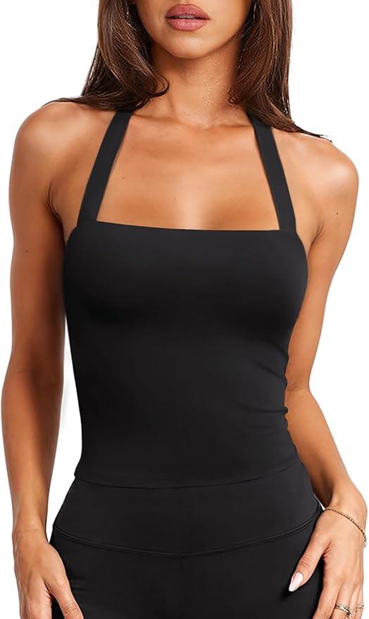 LASLULU Womens Sexy Halter Sports Bra Workout Tops Wirefree Sleeveless Gym Yoga Tank Tops Y2k Casual Crop Large
