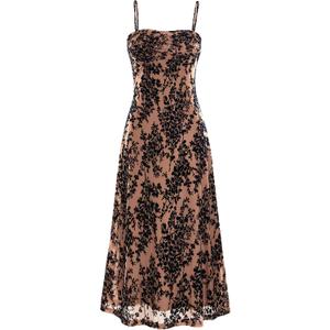 BTFBM Women's Summer Dress Sleeveless Spaghetti Strap Midi Dress Sexy Cowl Neck Floral Cocktail Dress Party Dresses (Brown, S)