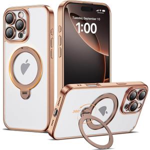 Compatible with iPhone 16 Pro Case with 360 Spin Magnetic Ring Stand [Compatible with Mag-Safe] Full Camera Lens Protector Plating Clear Phone Case for iPhone 16 Pro 6.3", Desert Gold