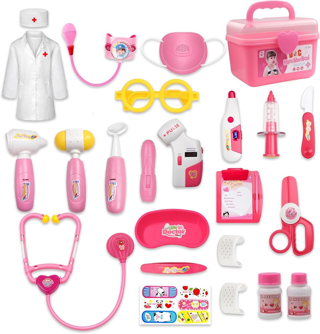 24Pcs Doctor Kit for Toddlers 3-5, Kids Doctor Pretend Play Set with Costume, Stethoscope, Funny Doctors Kit Toys Christmas Birthday Gift for Girls Ages 3 4 5 Year Old, Pink