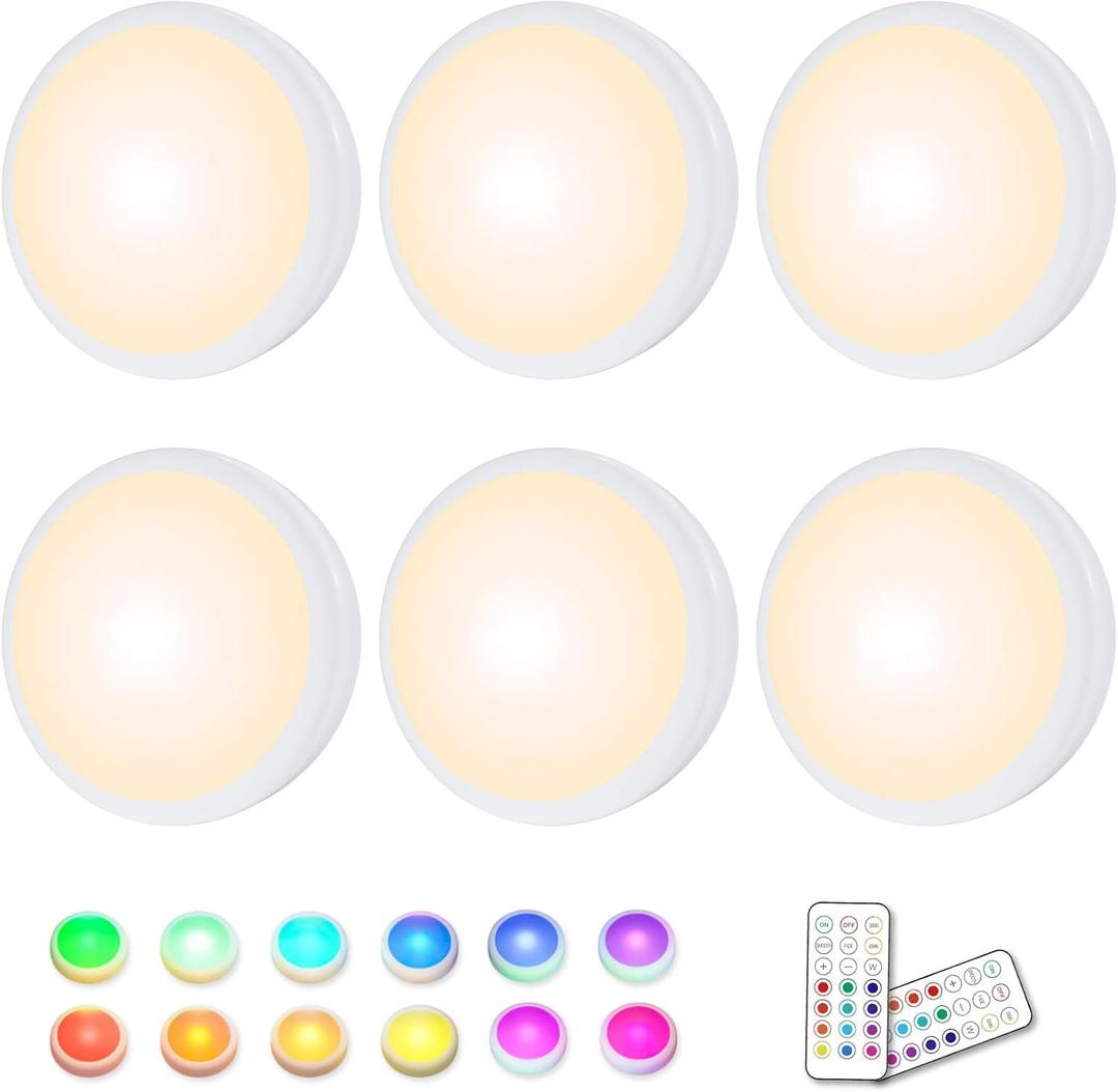 HELPLEX LED Puck Lights with Remote, 6 Pack Color Changing RGBW Stick-On Light, Battery Powered, Dimmable Under Cabinet Lighting with Timer & Memory, Wireless Push Lights for Kitchen & Closet