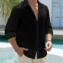 Mens Long Sleeve Linen Shirts Casual Button Down Shirt Regular Fit Summer Beach Wedding Shirts (Black, XL)
