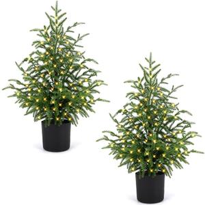 2FT Artificial Norfolk Pine Christmas Tree – Tabletop Faux Tree Unlit/Prelit with 50 LED Lights & 8-Function Battery Box, Pre-Assembled Holiday Decor for Home or Office (Prelit-2FT-2Pack)