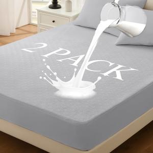 Twin Mattress Protector 2 Pack, Waterproof Mattress Pad Washable Rayon Mattress Cover Breathable Noiseless Bed Protector 3D Patterns 5" - 21'' Elastic Fitted Deep Pocket(Light Grey)