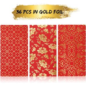 Heavy Duty Chinese New Year Red Envelopes, Red Pocket Envelopes Chinese Hong Bao Gift Lucky Money Envelopes, 3 Designs 36-Pack, 3.5 x 6.7 Inches (Gold)
