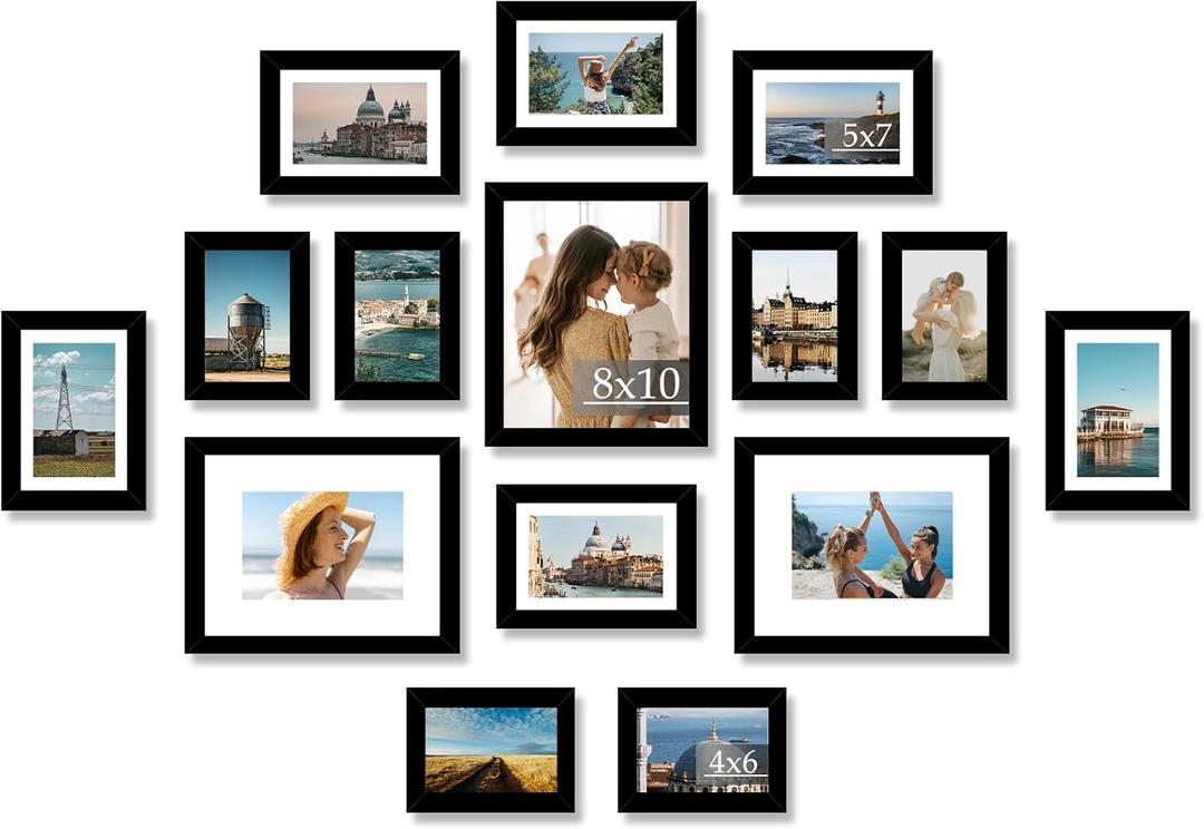 15 Pack Picture Frames Collage Wall Decor for Wall Hanging or Tabletop, Gallery Wall Frame Set for Family, Multi Sizes Photo Frames Collage Including 3Pcs 8x10, 6Pcs 5x7, 6Pcs 4x6, Black