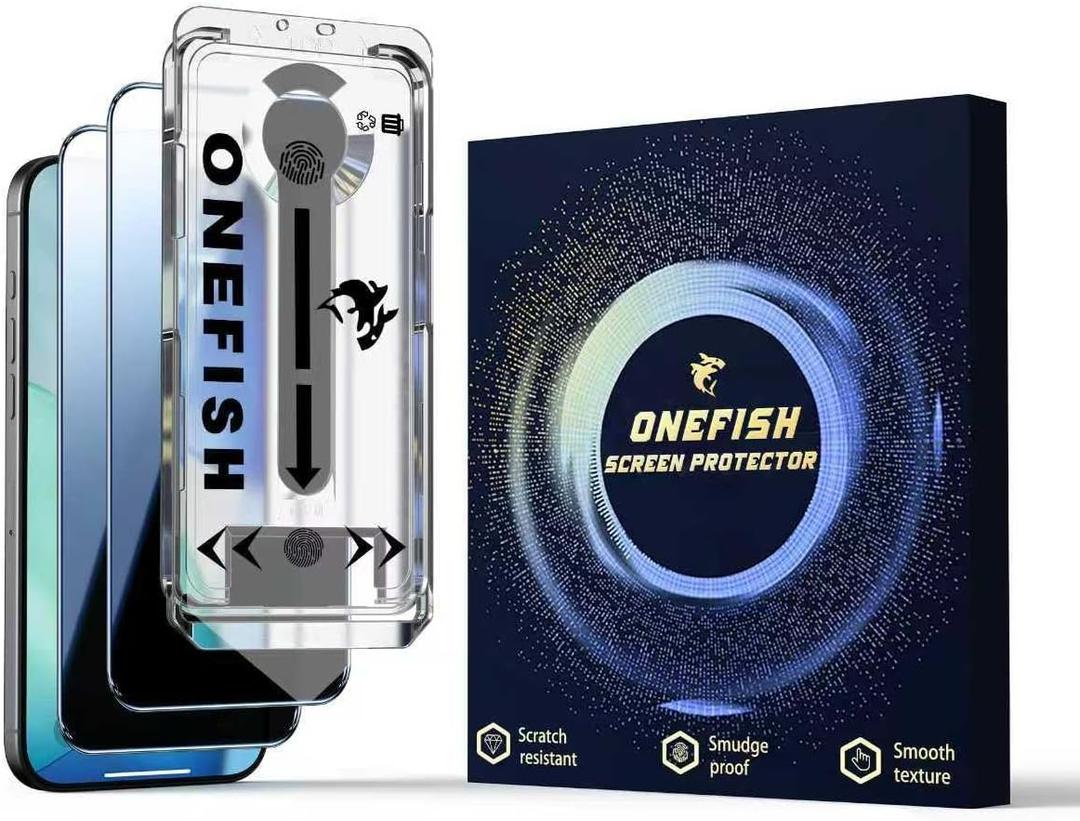 OneFish for iPhone 16 (6.1inch) Tempered Glass Screen Protector 2 Pack Auto Dust-Elimination Easy Installation Privacy Screen Protector