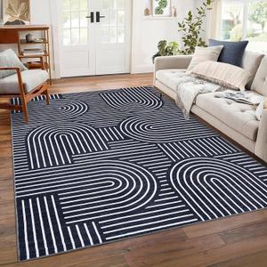 ROYHOME Washable Rug 8x10 Area Rugs for Living Room, Abstract Rug for Bedroom, Soft Rainbow Non Slip Throw Rugs with Rubber Back, Low Pile Stain Resistant Boho Geometric Carpet for Dining Room, Blue