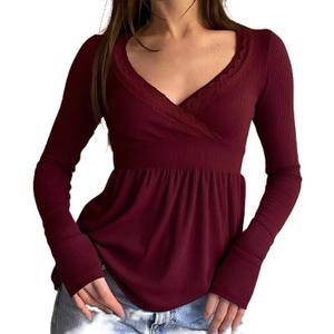 Womens Y2k Babydoll Tops Long Sleeve V Neck Lace Trim Peplum Blouse Fairy Grunge Teen Girls 00s Vintage Streetwear (Red, S)