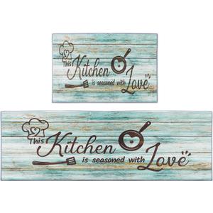 ArtSocket Teal Kitchen Rugs and Mats Non Skid Washable Set of 2, Turquoise Wooden Runner Rug, Farmhouse Quotes Home Kitchen Floor Mat Under Sink Mat Throw Rug for Doormat (Modern 9)
