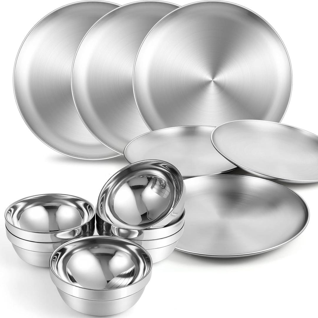 304 Stainless Steel Plates and Bowls Metal Camping Plates Reusable 13 oz Steel Snack Bowls Dinner Dishes Double Walled Insulated Metal Dinnerware (6 Sets, 8 x 8 Inch)