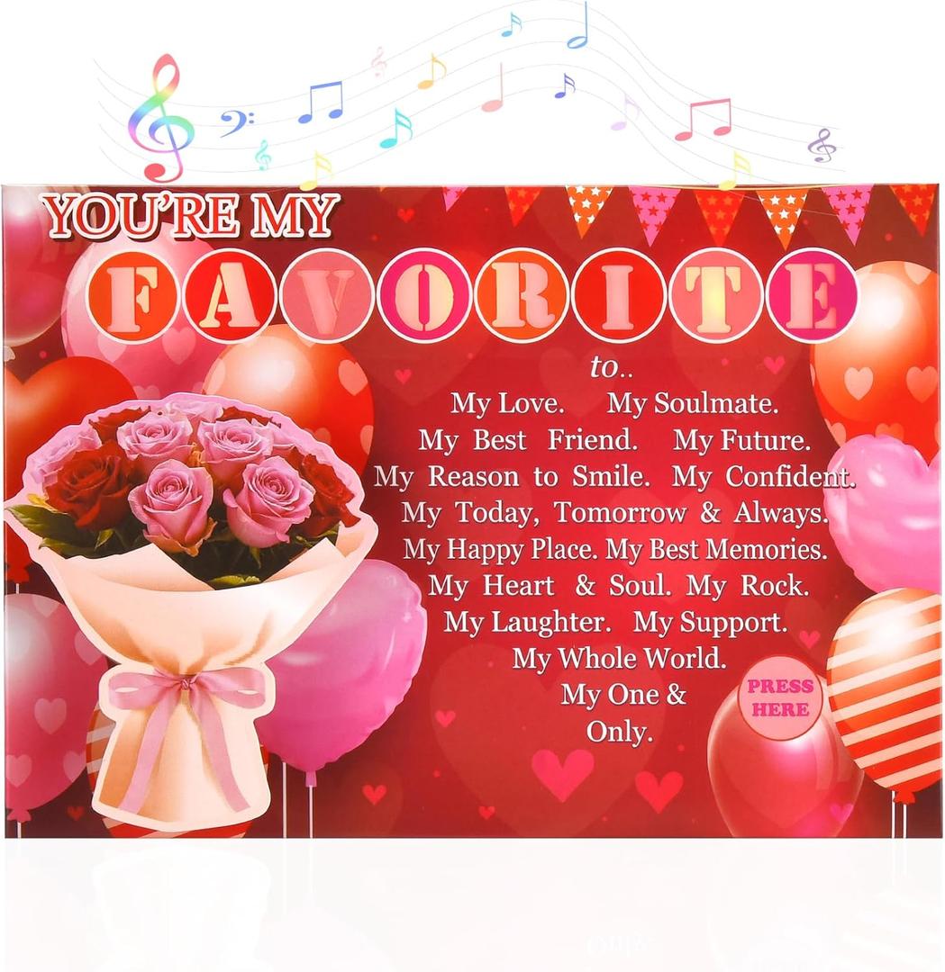 10 x Valentines Day Card with Lights & Music, 3D Pop Up Rose Anniversary Cards for Couples, Romantic Youre My Favorite Sweet Greeting Gift Cards for Wife Husband Girlfriend Boyfriend