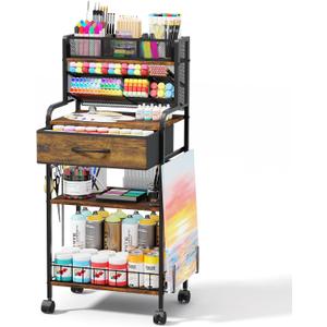 Homsorout Art cart, 3 Tier Rolling Cart - Utility Cart with Storage Drawer and Wheels, Versatile Art & Craft Organizer for Home, Office, or Studio Ideal for Storing Brushes, Paints Brown