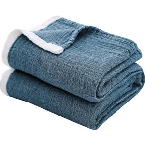 SE SOFTEXLY Cotton Muslin Throw Blanket for Adults,Breathable 4-Layer Yarn Dyed Linen Texture Gauze Blanket for Bed Sofa Couch,Super Soft Light Weight Blanket for All Season, (Throw-50" x 60", 1-vintage Blue)