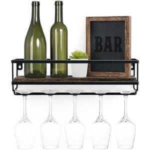 Mkono Wall Mounted Wine Rack - Bottle & Glass Holder Wood Rustic Floating Racks with Stemware Hanger Modern Plants Photos Wine Bottles Display Wall Storage Shelf for Kitchen Dining Room Home Bar
