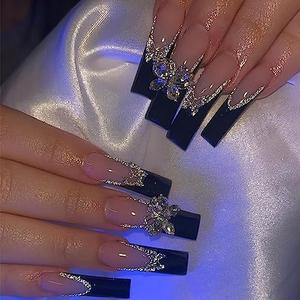 Long Press on Nails French Tip Black Fake Nails Coffin False Nails with Butterfly Rhinestone Designs Glitter Nail Tips Nude Pink Acrylic Nails Extra Long Stick on Nails for Women and Girls 24Pcs, Set of 6