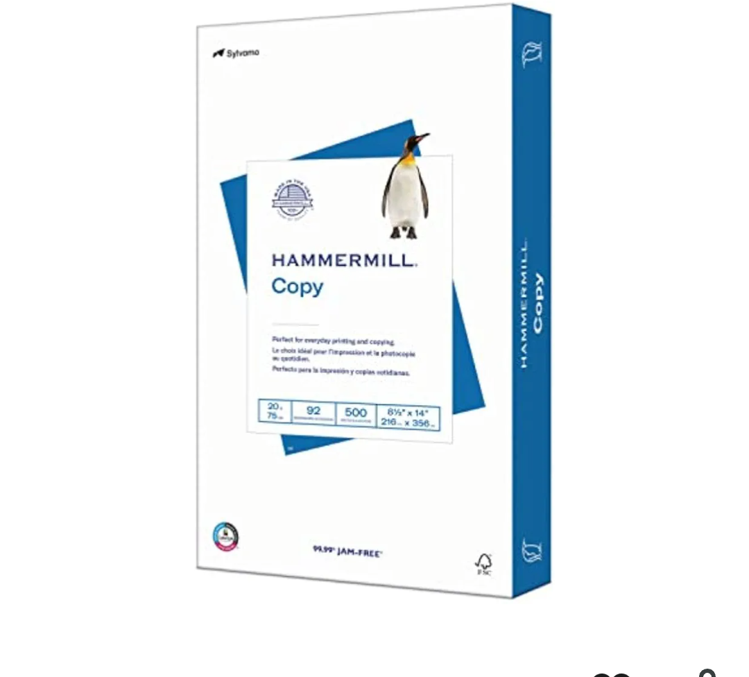 Hammermill Printer Paper, 20 lb Copy Paper, 8.5 x 14 - 1 Ream (500 Sheets) - 92 Bright, Made in the USA, 105015R