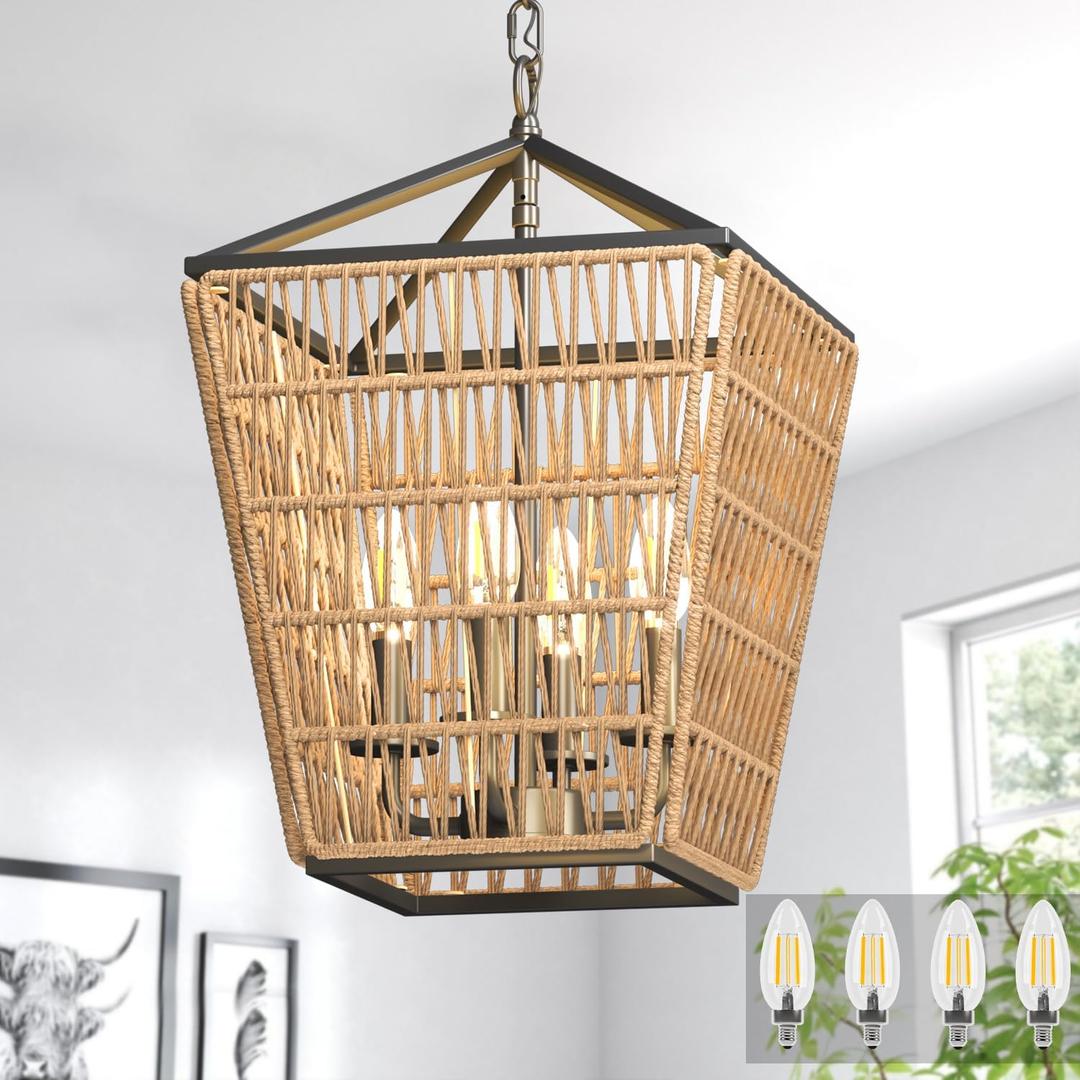 Modern Farmhouse Chandelier Light Fixtures, 4-Light Rattan Pendant Lighting with Bulbs, Boho Black Metal Geometry Chandeliers for Dining Room, Kitchen Island, Entryway Foyer