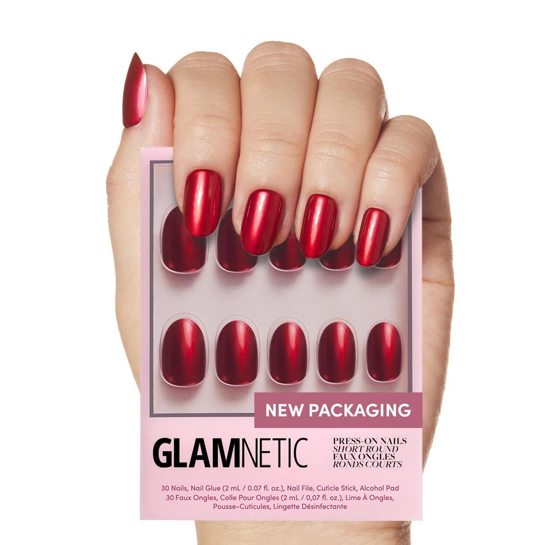 Glamnetic Press On Nails - Cherry Glaze | Short Round Bright Cherry Red Fake Nails with a Glaze Finish | 15 Sizes - 30 Nail Kit with Glue